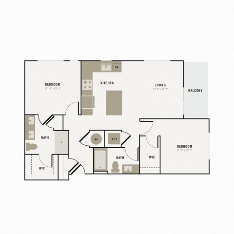 Floor plan for 2 beds, 2 baths, 1040 sqft